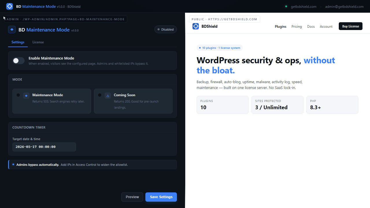 BD Maintenance Mode — product demo