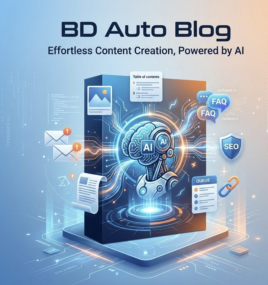 BD Auto Blog - Effortless Content Creation Powered by AI. A futuristic illustration featuring a glowing AI brain at the center surrounded by icons representing table of contents, FAQ, SEO, email notifications, document files, and a queue system, all set against a digital blue and orange gradient background with circuit patterns.