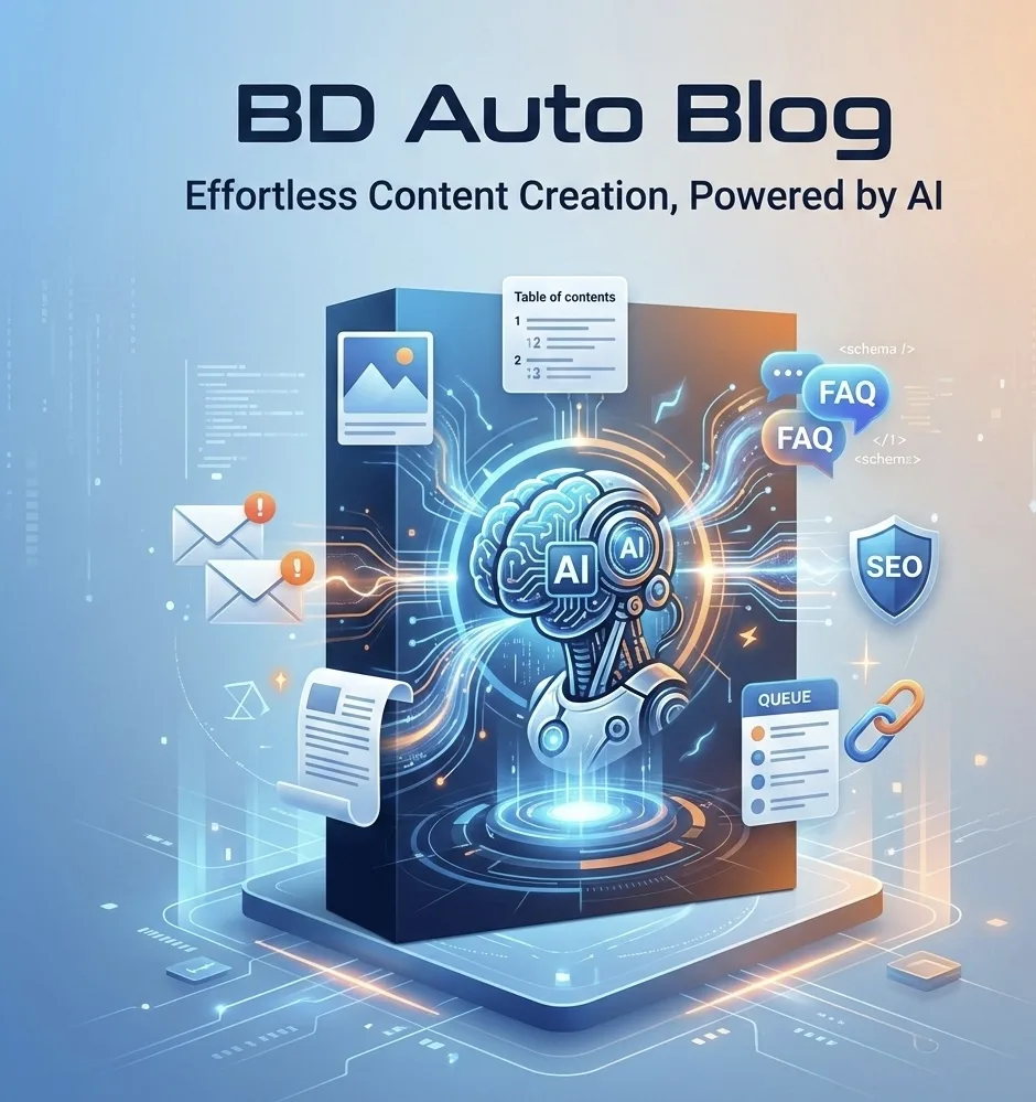 BD Auto Blog - Effortless Content Creation Powered by AI. A futuristic illustration featuring a glowing AI brain at the center surrounded by icons representing table of contents, FAQ, SEO, email notifications, document files, and a queue system, all set against a digital blue and orange gradient background with circuit patterns.